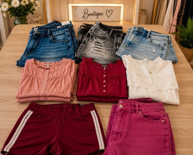 Boutique assortment of jeans, tops and shorts arranged in one product layout