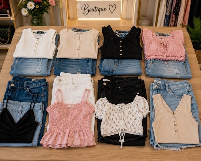 Coordinated boutique tops paired with denim bottoms in a clean product layout