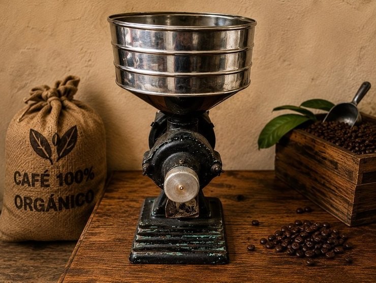 Portfolio illustration of a traditional coffee grinder with coffee beans and a branded coffee sack