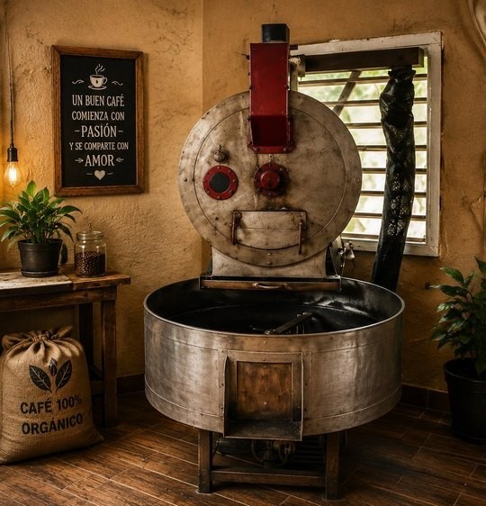 Portfolio illustration of a traditional coffee roaster in a rustic coffee workspace